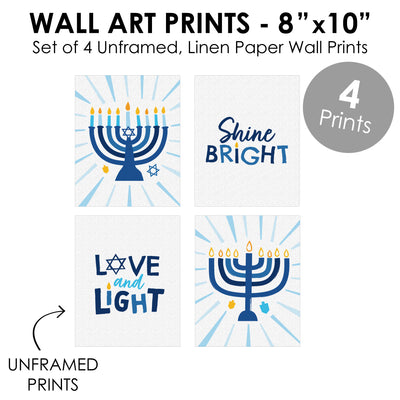 Hanukkah Menorah - Unframed Chanukah Holiday Linen Paper Wall Art - Set of 4 - Artisms - 8 x 10 inches