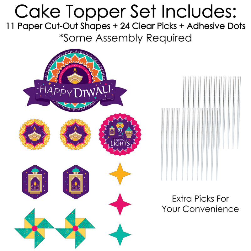 Happy Diwali - Festival of Lights Party Cake Decorating Kit - Cake Topper Set - 11 Pieces