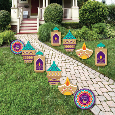 Happy Diwali - Diya Candles Lawn Decorations - Outdoor Festival of Lights Party Yard Decorations - 10 Piece
