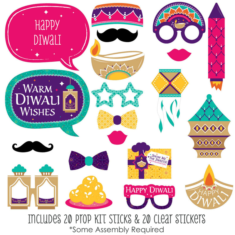 Happy Diwali - Festival of Lights Party Photo Booth Props Kit - 20 Count