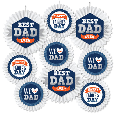 Happy Father's Day - Hanging We Love Dad Party Tissue Decoration Kit - Paper Fans - Set of 9