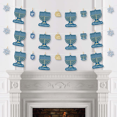 Happy Hanukkah - Chanukah Party DIY Decorations - Clothespin Garland Banner - 44 Pieces
