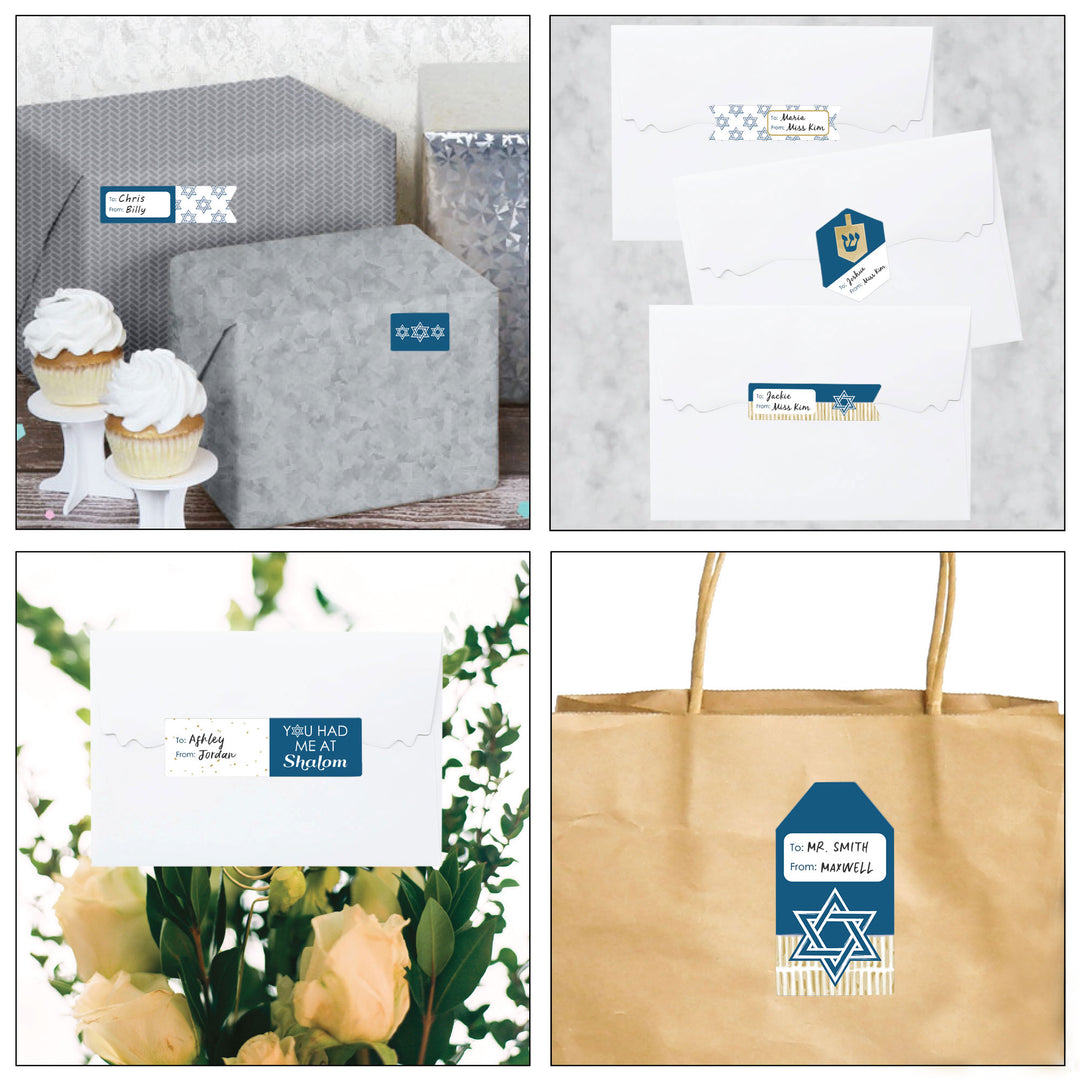 Happy Hanukkah - Assorted Chanukah Holiday Party Gift Tag Labels - To and From Stickers - 12 Sheets - 120 Stickers