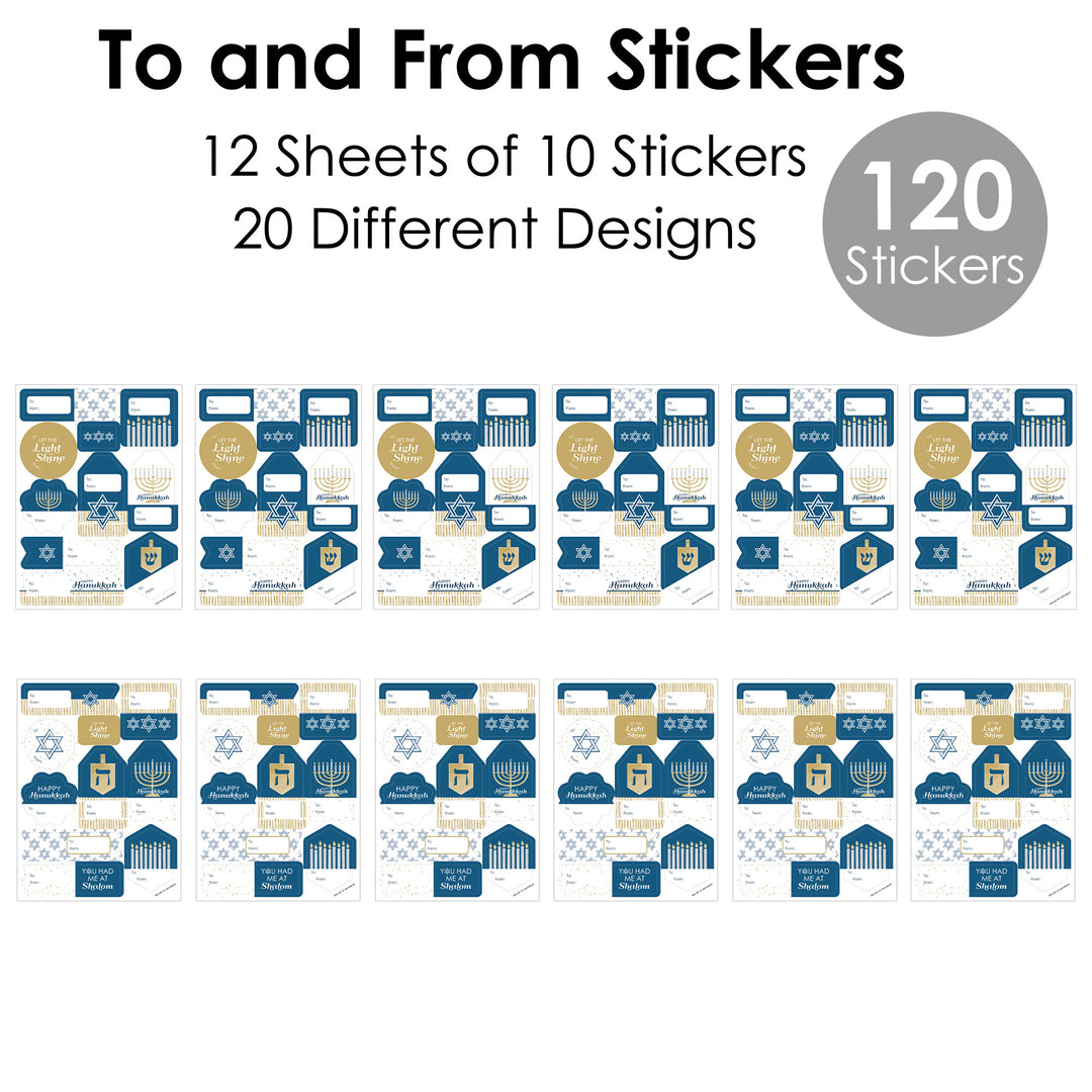 Happy Hanukkah - Assorted Chanukah Holiday Party Gift Tag Labels - To and From Stickers - 12 Sheets - 120 Stickers