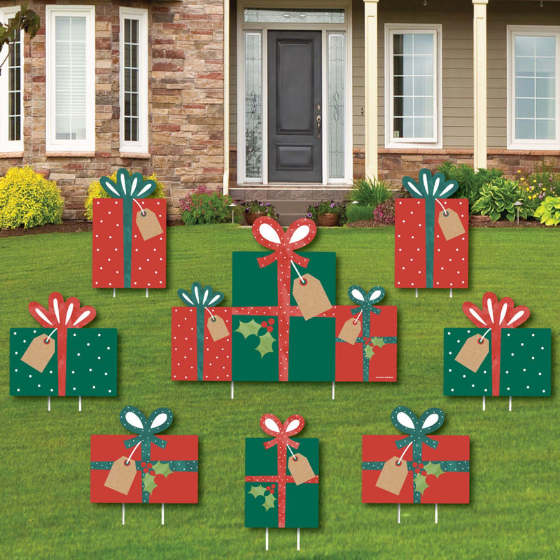 Happy Holiday Presents - Yard Sign and Outdoor Lawn Decorations - Christmas Party Yard Signs - Set of 8