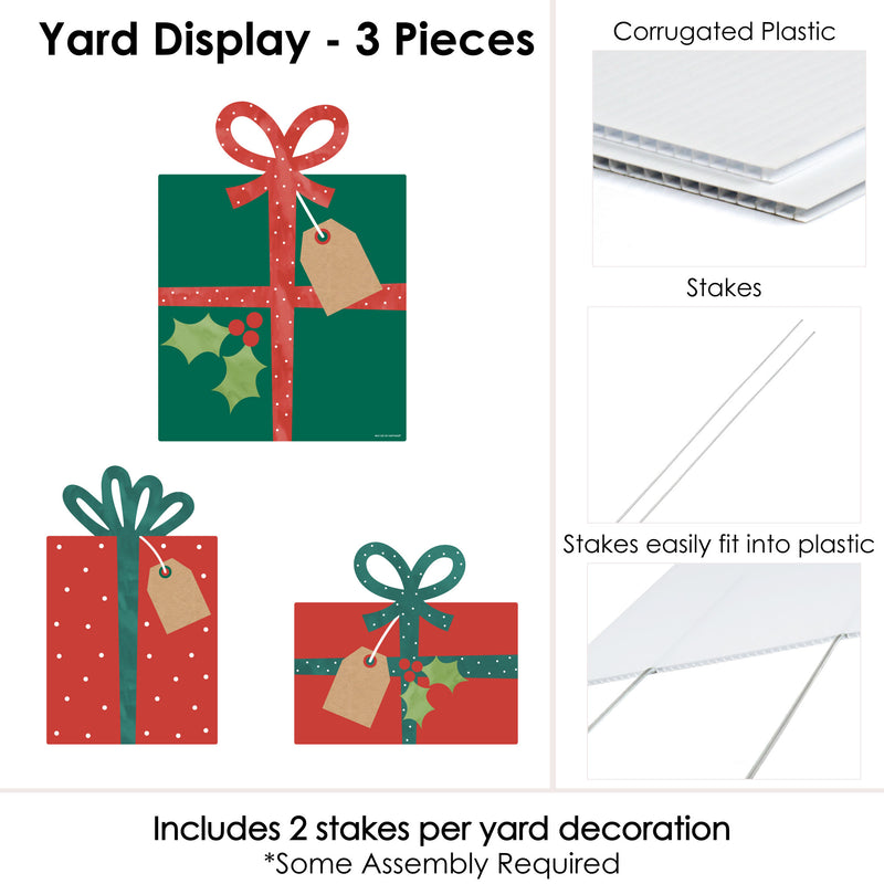 Happy Holiday Presents - Outdoor Lawn Sign Decorations with Stakes - Christmas Party Yard Display - 3 Pieces