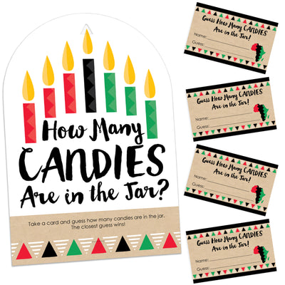 Happy Kwanzaa - How Many Candies African Heritage Holiday Party Game - 1 Stand and 40 Cards - Candy Guessing Game