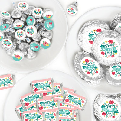 Colorful Floral Happy Mother's Day - Mini Candy Bar Wrappers, Round Candy Stickers and Circle Stickers - We Love Mom Party Candy Favor Sticker Kit - 304 Pieces