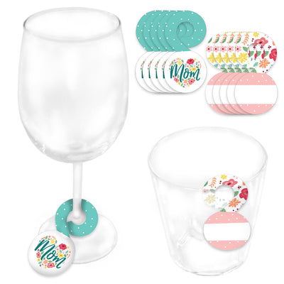Colorful Floral Happy Mother's Day - We Love Mom Party Paper Beverage Markers for Glasses - Drink Tags - Set of 24