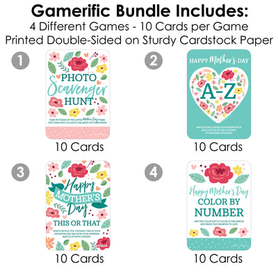 Colorful Floral Happy Mother's Day - 4 We Love Mom Party Games - 10 Cards Each - Gamerific Bundle