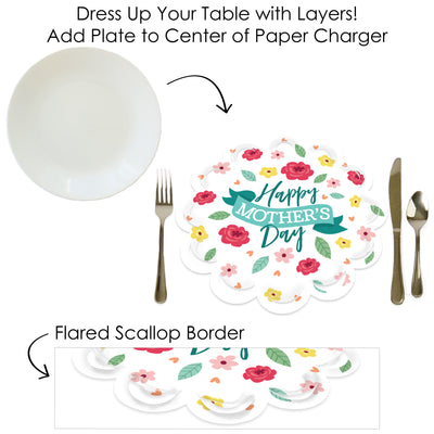 Colorful Floral Happy Mother's Day - We Love Mom Party Round Table Decorations - Paper Chargers - Place Setting For 12