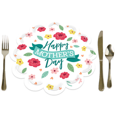 Colorful Floral Happy Mother's Day - We Love Mom Party Round Table Decorations - Paper Chargers - Place Setting For 12