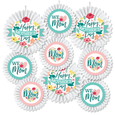 Colorful Floral Happy Mother's Day - Hanging We Love Mom Party Tissue Decoration Kit - Paper Fans - Set of 9