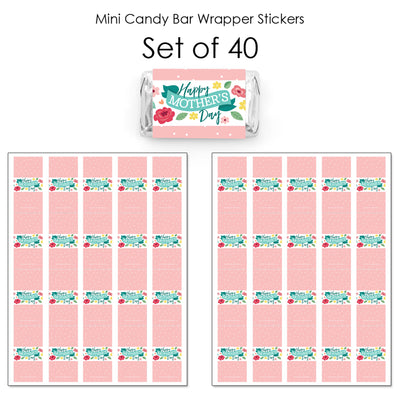 Colorful Floral Happy Mother's Day - Mini Candy Bar Wrapper Stickers - We Love Mom Party Small Favors - 40 Count