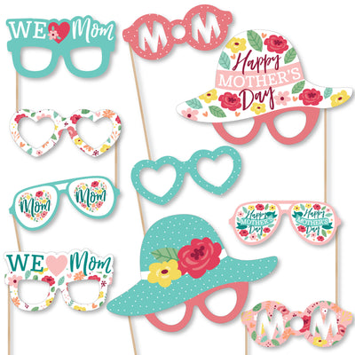 Colorful Floral Happy Mother's Day Glasses - Paper Card Stock We Love Mom Party Photo Booth Props Kit - 10 Count