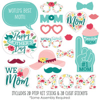 Colorful Floral Happy Mother's Day - We Love Mom Party Photo Booth Props Kit - 20 Count