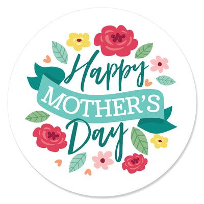 Colorful Floral Happy Mother's Day - We Love Mom Party Circle Sticker Labels - 24 Count