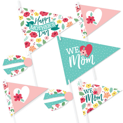 Colorful Floral Happy Mother's Day - Triangle We Love Mom Party Photo Props - Pennant Flag Centerpieces - Set of 20