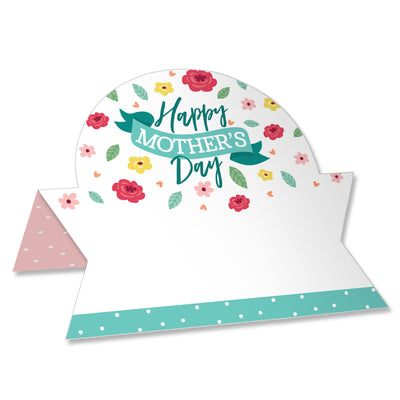 Colorful Floral Happy Mother's Day - We Love Mom Party Tent Buffet Card - Table Setting Name Place Cards - Set of 24