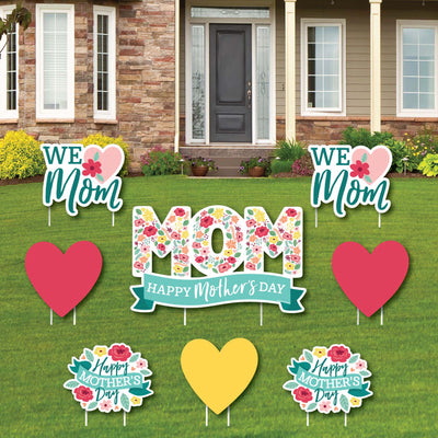 Colorful Floral Happy Mother's Day - Yard Sign and Outdoor Lawn Decorations - We Love Mom Party Yard Signs - Set of 8