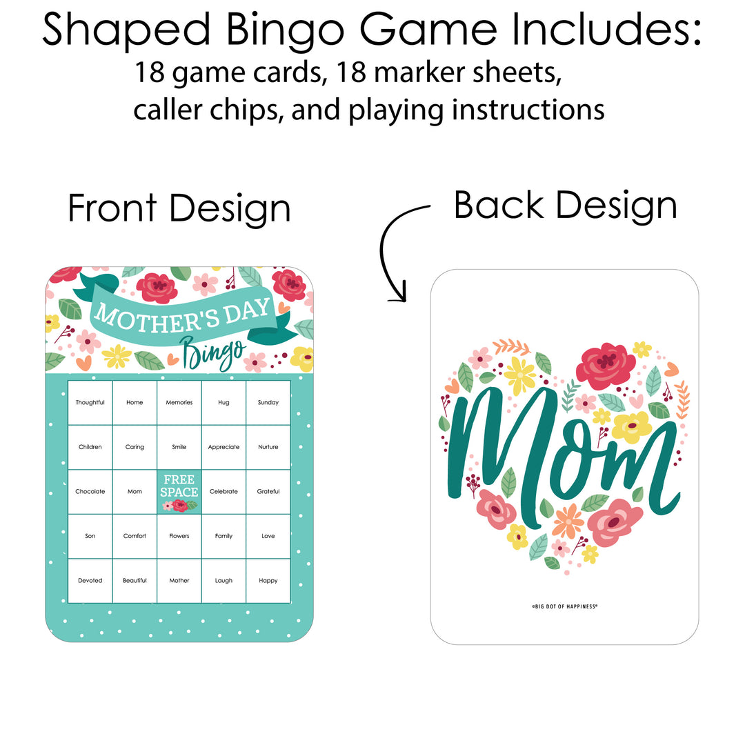 Colorful Floral Happy Mother's Day - Bingo Cards and Markers - We Love Mom Party Shaped Bingo Game - Set of 18