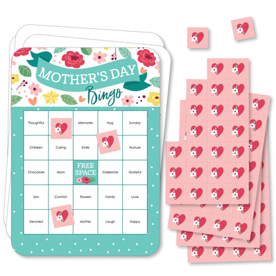 Colorful Floral Happy Mother's Day - Bingo Cards and Markers - We Love Mom Party Shaped Bingo Game - Set of 18
