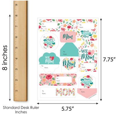 Colorful Floral Happy Mother's Day - Assorted We Love Mom Party Gift Tag Labels - To and From Stickers - 12 Sheets - 120 Stickers