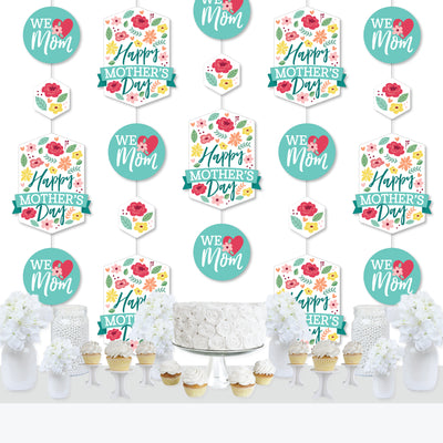 Colorful Floral Happy Mother's Day - We Love Mom Party DIY Dangler Backdrop - Hanging Vertical Decorations - 30 Pieces