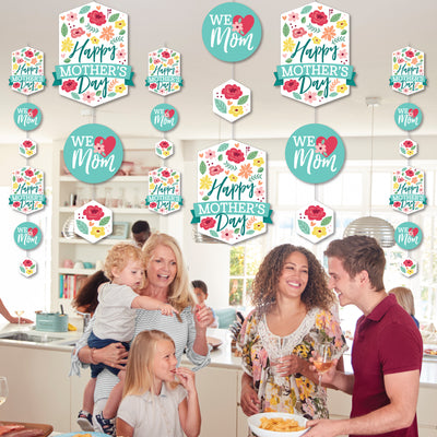 Colorful Floral Happy Mother's Day - We Love Mom Party DIY Dangler Backdrop - Hanging Vertical Decorations - 30 Pieces