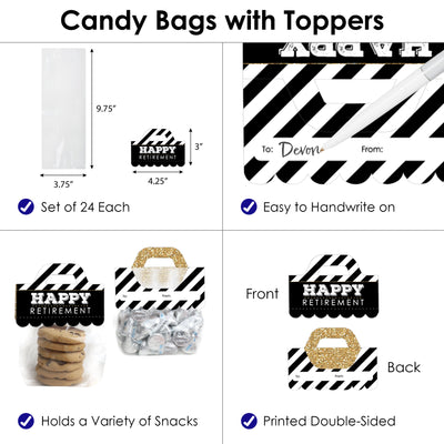 Happy Retirement - DIY Retirement Party Clear Goodie Favor Bag Labels - Candy Bags with Toppers - Set of 24