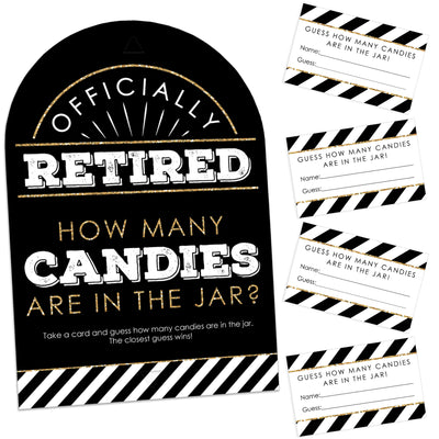 Happy Retirement - How Many Candies Retirement Party Game - 1 Stand and 40 Cards - Candy Guessing Game