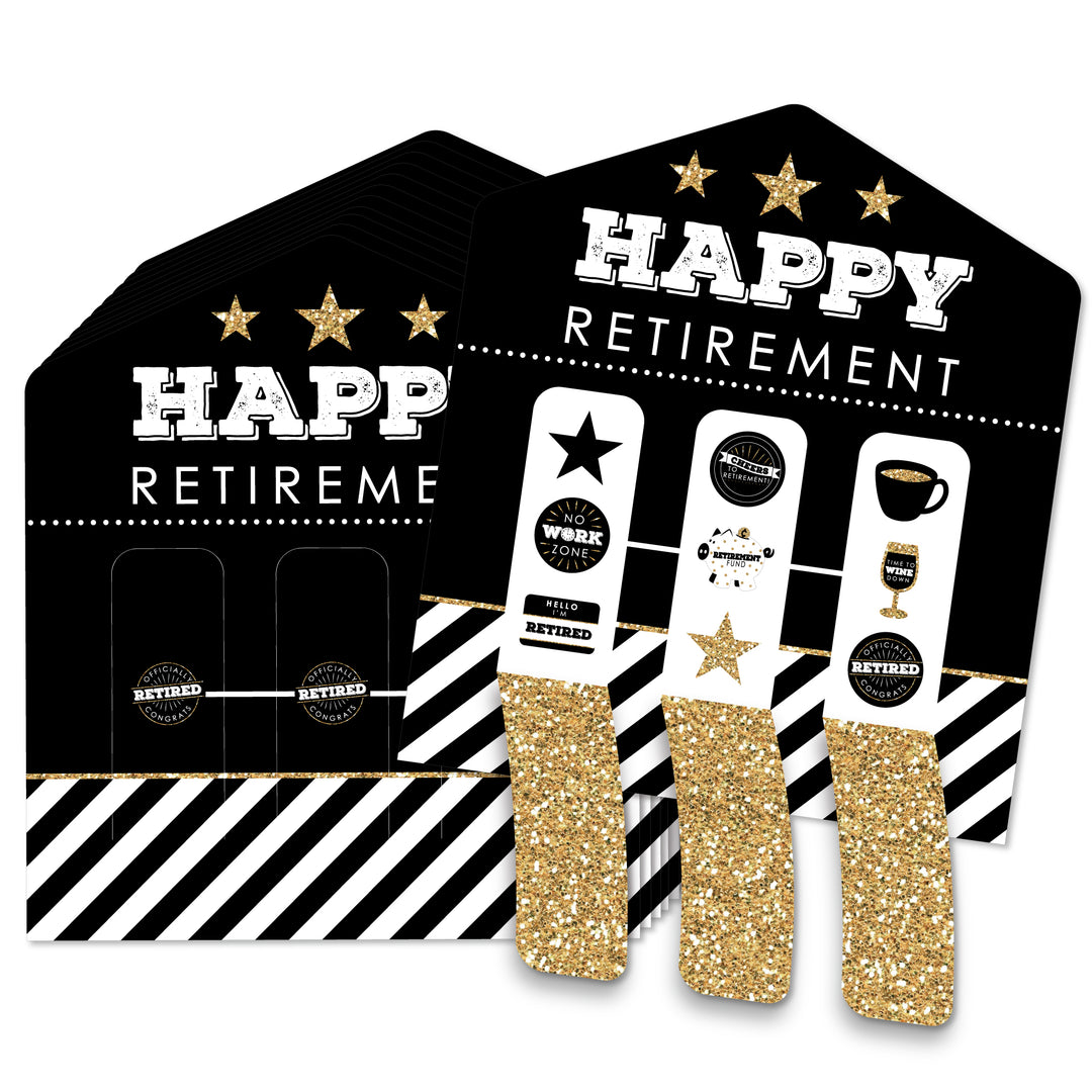 A set of 'Happy Retirement' pull tabs game cards displayed with 3-in-a-row arrangement on a striped background with gold glitter accents.