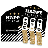 A set of 'Happy Retirement' pull tabs game cards displayed with 3-in-a-row arrangement on a striped background with gold glitter accents.