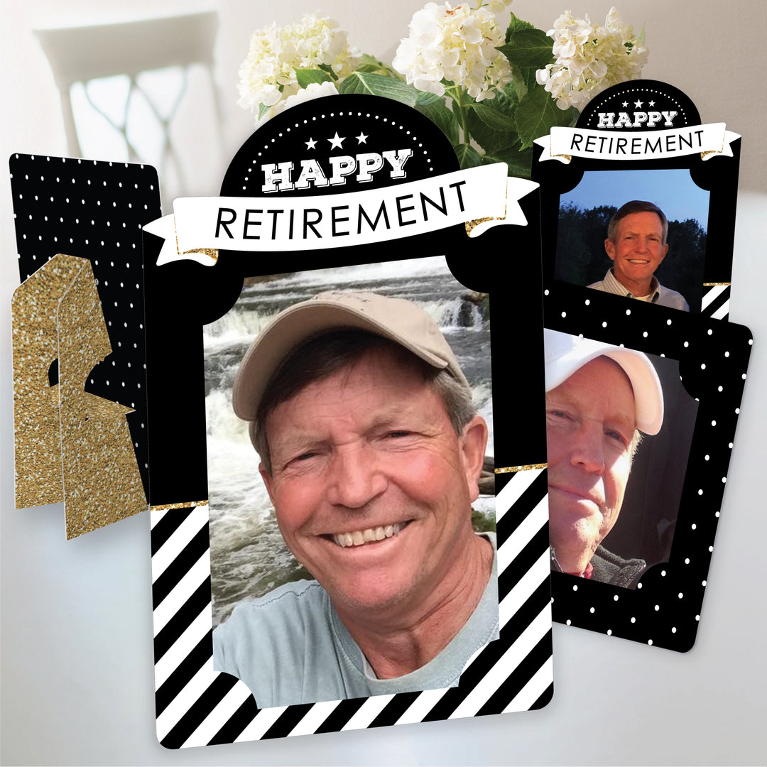 A set of Happy Retirement paper photo frames for party table decor. Displayed with photos of an older man in a hat, arranged on a table with a decorative element in the background.