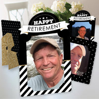 A set of Happy Retirement paper photo frames for party table decor. Displayed with photos of an older man in a hat, arranged on a table with a decorative element in the background.