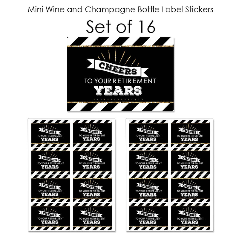 Happy Retirement - Mini Wine and Champagne Bottle Label Stickers - Retirement Party Favor Gift for Women and Men - Set of 16