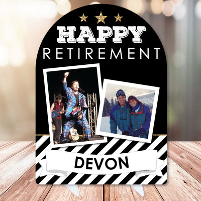 Happy Retirement - Personalized Retirement Party Picture Display Stand - Photo Tabletop Sign - Upload 2 Photos - 1 Piece