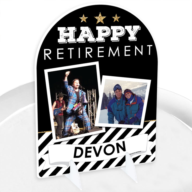 Happy Retirement - Personalized Retirement Party Picture Display Stand - Photo Tabletop Sign - Upload 2 Photos - 1 Piece
