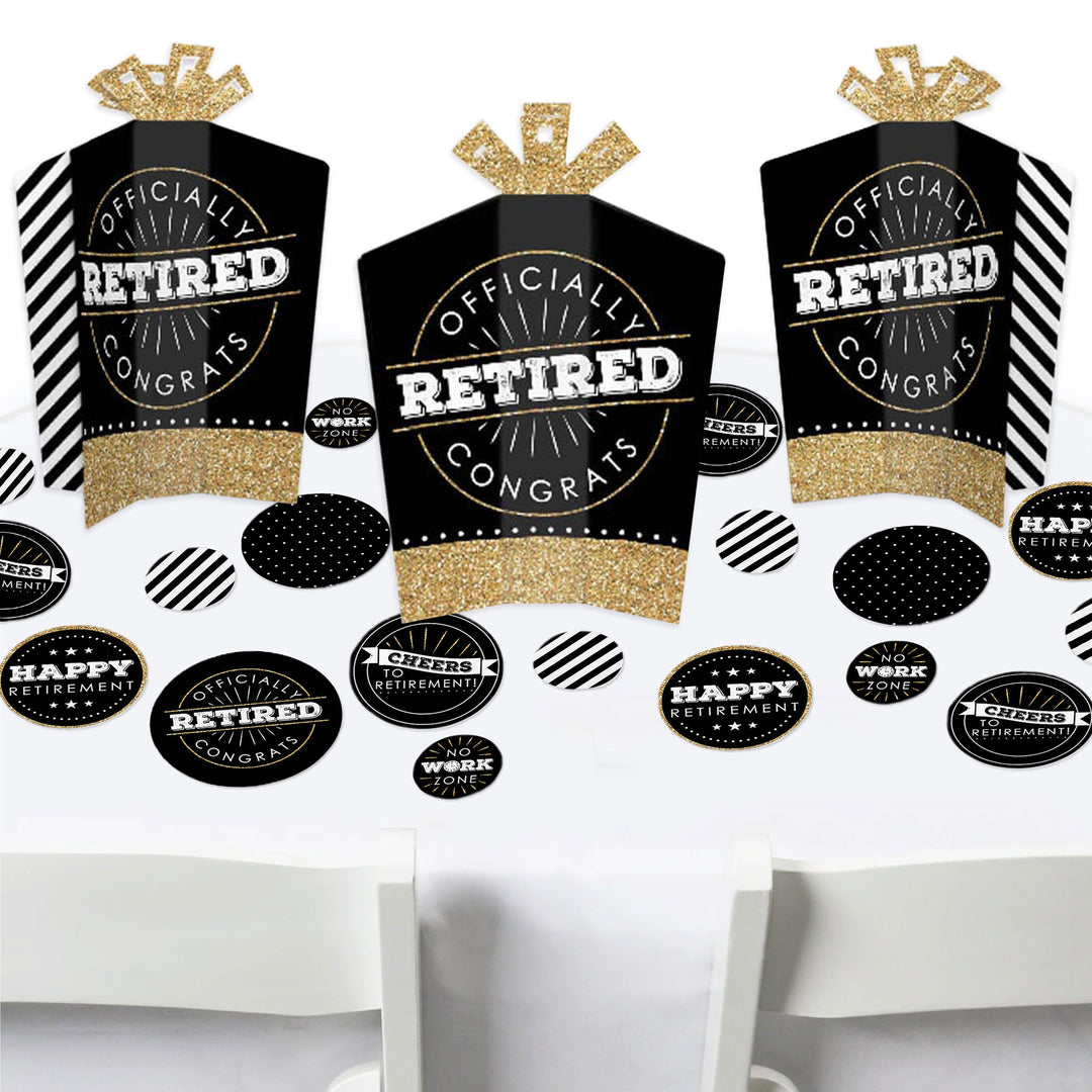 A set of retirement party decorations featuring three fold and flare centerpieces with a black and gold design, and a variety of round confetti pieces with different sizes, all themed 'Happy Retirement'.