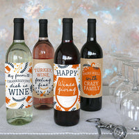 Happy Thanksgiving - Fall Harvest Party Decorations for Women and Men - Wine Bottle Label Stickers - Set of 4