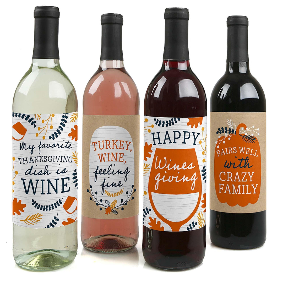 Happy Thanksgiving - Fall Harvest Party Decorations for Women and Men - Wine Bottle Label Stickers - Set of 4