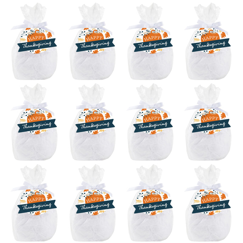 Happy Thanksgiving - Fall Harvest Party Clear Goodie Favor Bags - Treat Bags With Tags - Set of 12