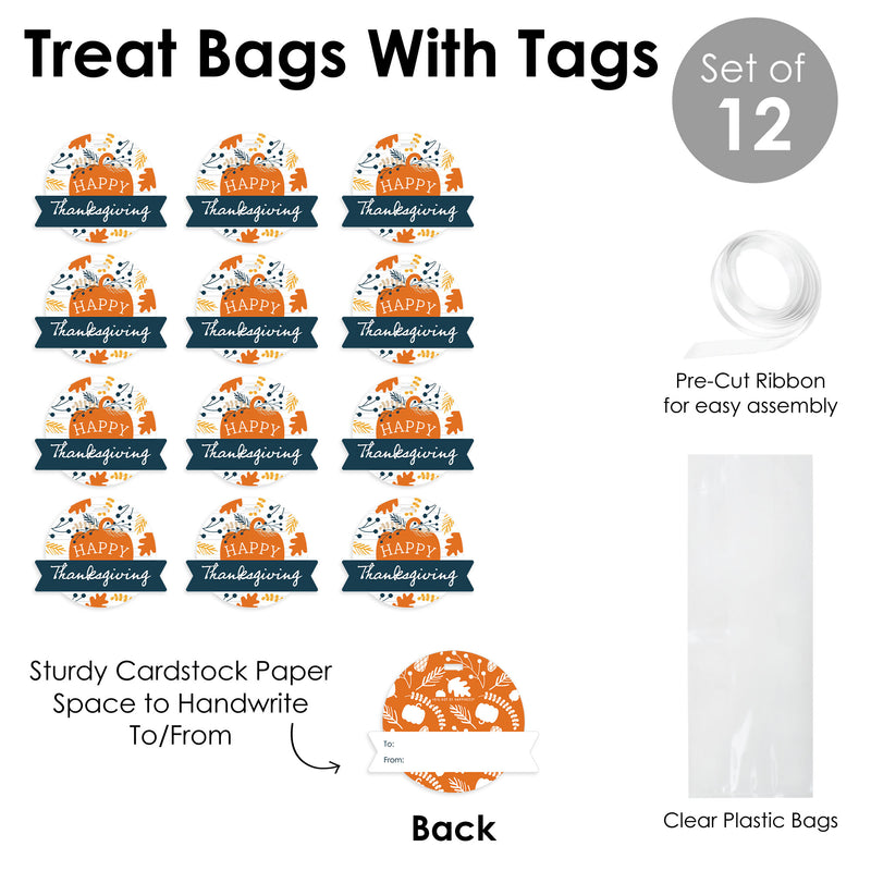 Happy Thanksgiving - Fall Harvest Party Clear Goodie Favor Bags - Treat Bags With Tags - Set of 12