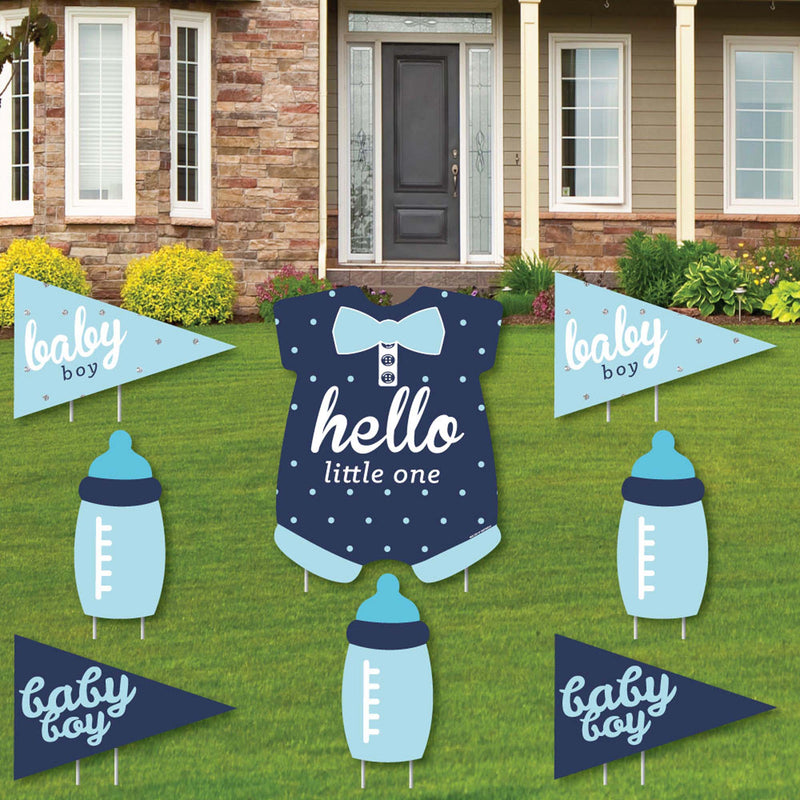 Hello Little One - Blue and Silver - Yard Sign & Outdoor Lawn Decorations - Boy Baby Shower Yard Signs - Set of 8