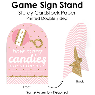 Hello Little One - Pink and Gold - How Many Candies Girl Baby Shower Game - 1 Stand and 40 Cards - Candy Guessing Game