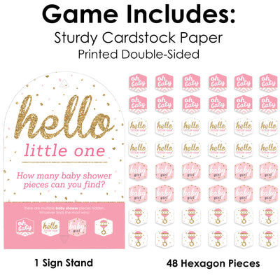 Hello Little One - Pink and Gold - Girl Baby Shower Scavenger Hunt - 1 Stand and 48 Game Pieces - Hide and Find Game