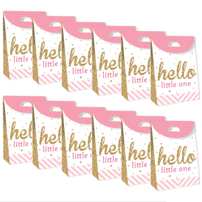 Hello Little One - Pink and Gold - Girl Baby Shower Gift Favor Bags - Party Goodie Boxes - Set of 12