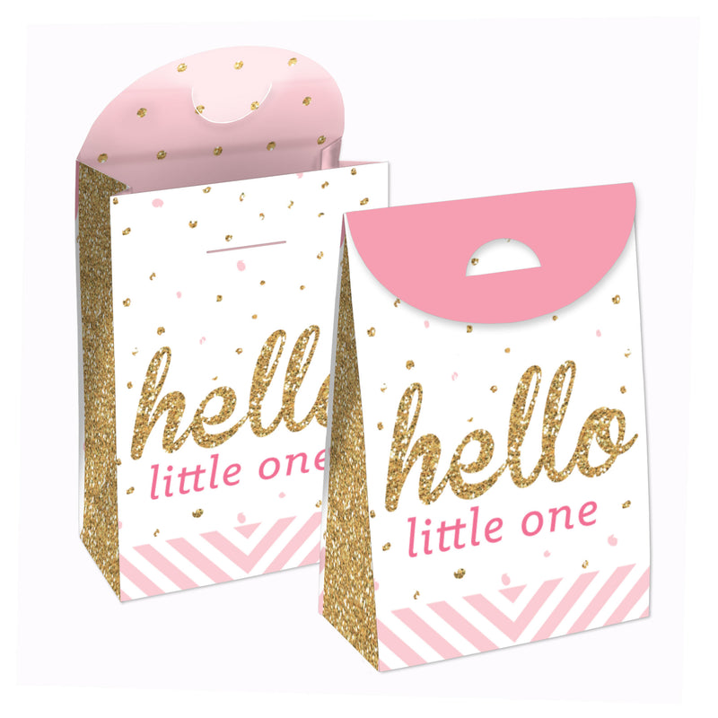 Hello Little One - Pink and Gold - Girl Baby Shower Gift Favor Bags - Party Goodie Boxes - Set of 12