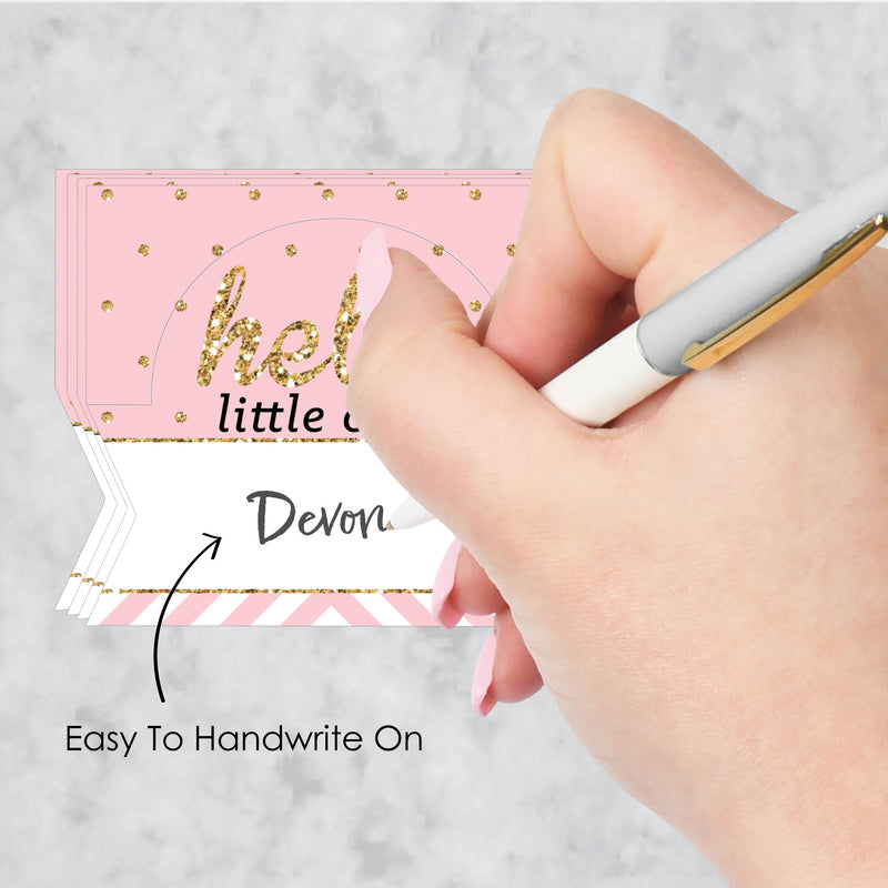 Hello Little One - Pink and Gold - Girl Baby Shower Tent Buffet Card - Table Setting Name Place Cards - Set of 24