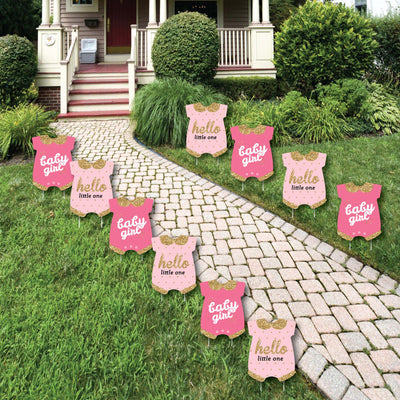 Hello Little One - Pink and Gold - Baby Bodysuit Lawn Decorations - Outdoor Girl Baby Shower Yard Decorations - 10 Piece